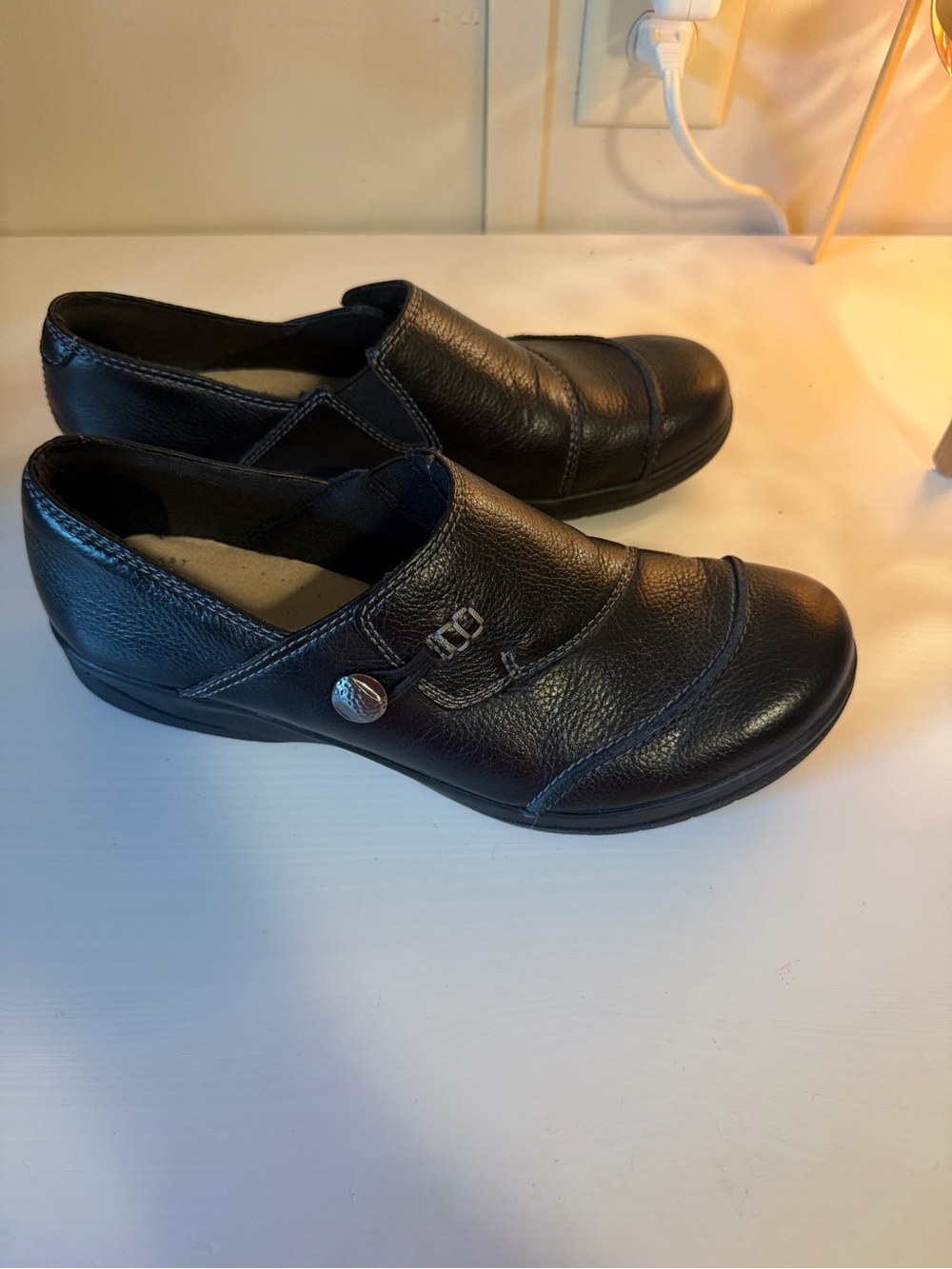 Clarks Black Leather Slip-On Mules